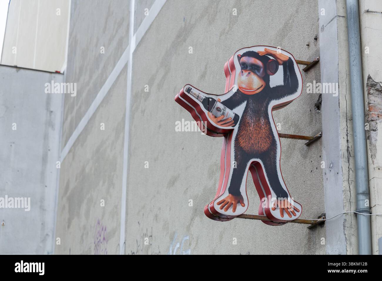 Simpatico segno di uno scimpanzé cartoni animati che tiene in mano una bottiglia di birra, montato su un muro urbano ruvido. Decorazioni da strada divertenti e bizzarre con un'atmosfera vintage. Foto Stock