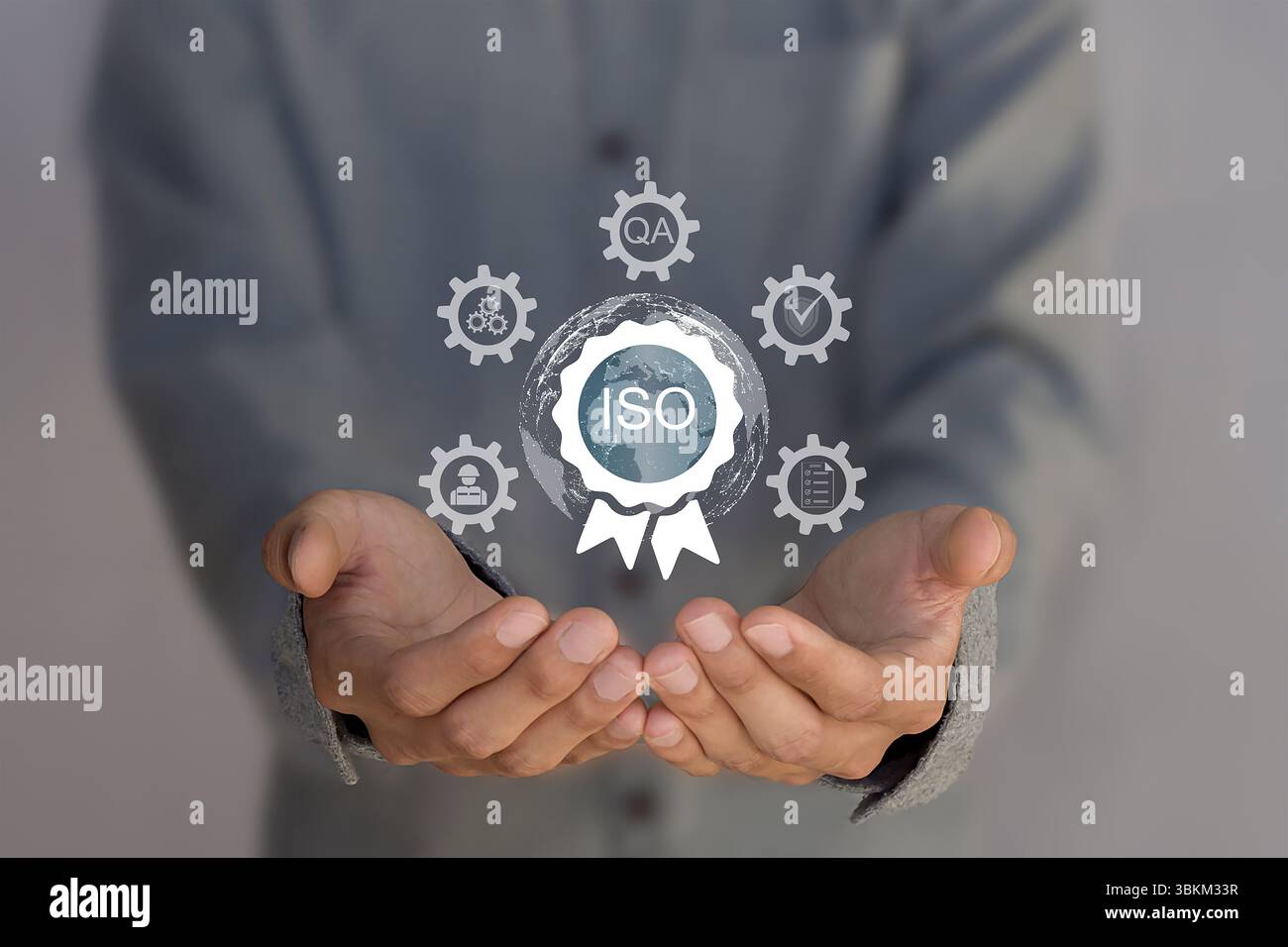 Certificazione e standard certificazione ISO, standard internazionali, concetto di garanzia della qualità Foto Stock