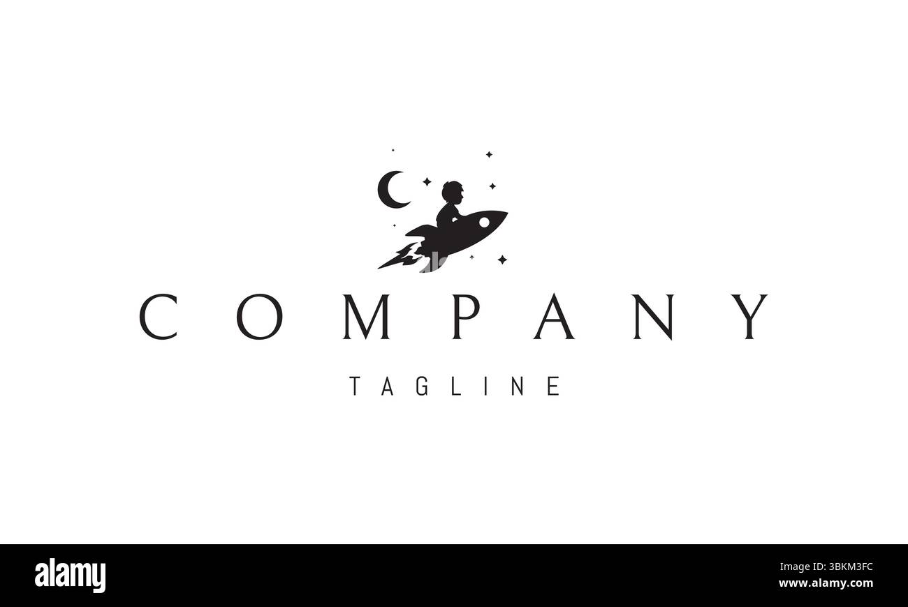 Logo vettoriale con un'immagine astratta di un bambino che vola su un razzo sullo sfondo delle stelle in un sogno. Illustrazione Vettoriale