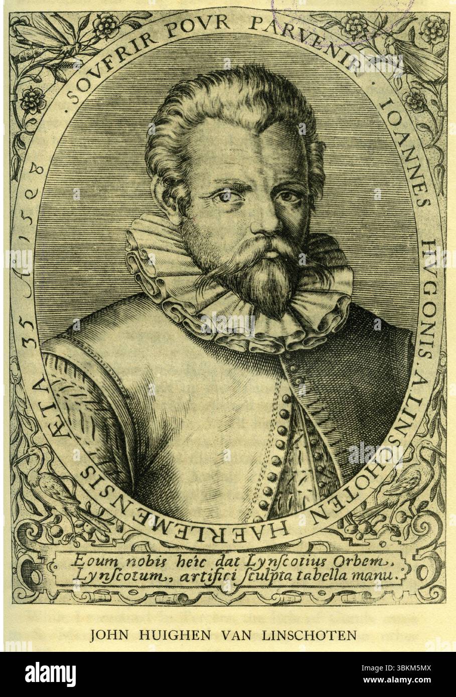 Jan Huygen van Linschoten (1563 - 1611) spia, mercante, viaggiatore e scrittore olandese, dai libri di Richard Hakluyt sui viaggi principali trafficanti e scoperte della nazione inglese, 1604. Foto Stock