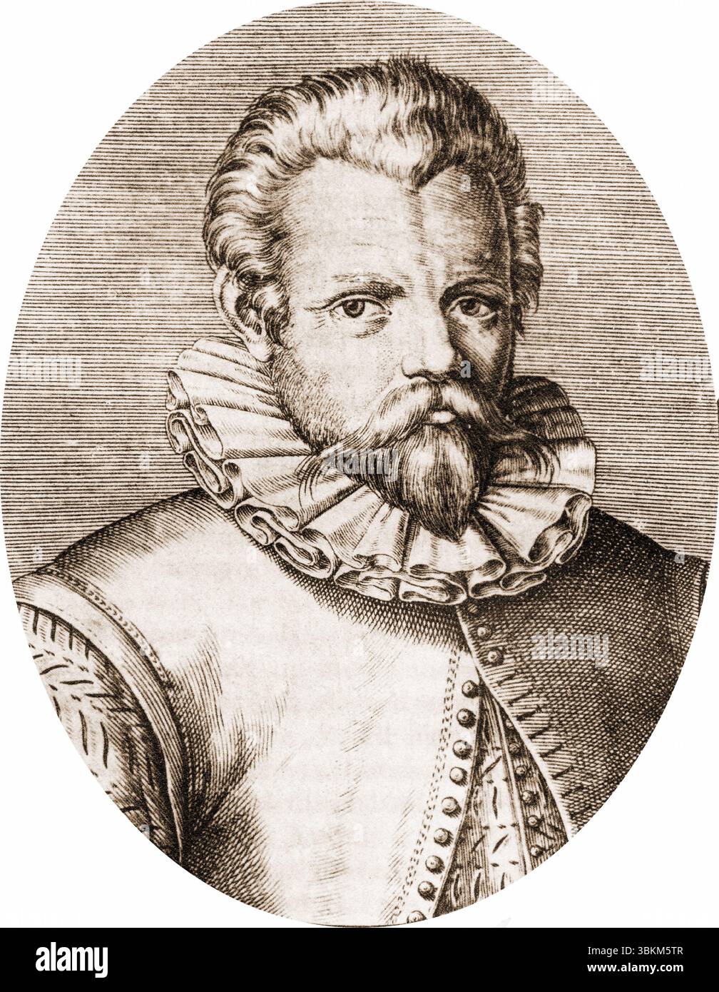 Jan Huygen van Linschoten (1563 - 1611) spia, mercante, viaggiatore e scrittore olandese, dai libri di Richard Hakluyt sui viaggi principali trafficanti e scoperte della nazione inglese, 1604. Foto Stock