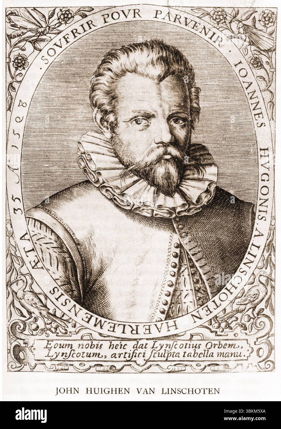 Jan Huygen van Linschoten (1563 - 1611) spia, mercante, viaggiatore e scrittore olandese, dai libri di Richard Hakluyt sui viaggi principali trafficanti e scoperte della nazione inglese, 1604. Foto Stock