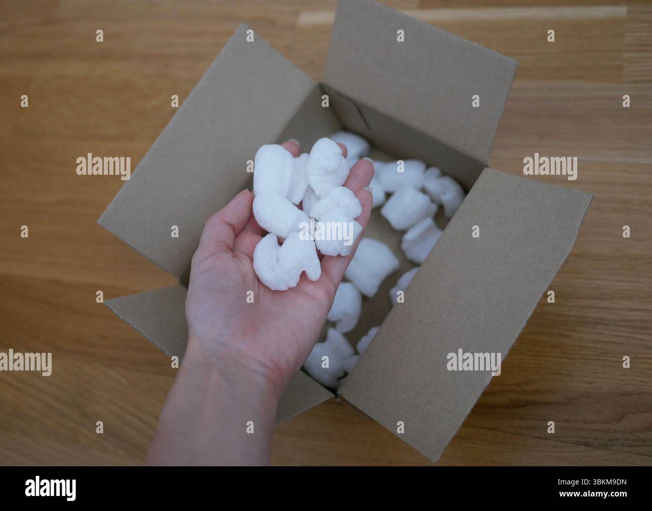 Imballaggio ecologico di una scatola per pacchi riempita con riempitivo biodegradabile. Il concetto di servizio di consegna e riciclaggio. Foto Stock