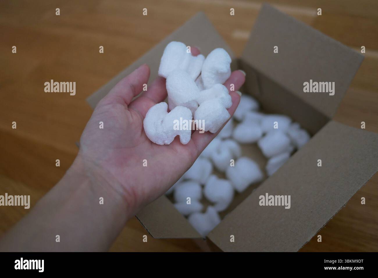 Imballaggio ecologico di una scatola per pacchi riempita con riempitivo biodegradabile. Il concetto di servizio di consegna e riciclaggio. Foto Stock