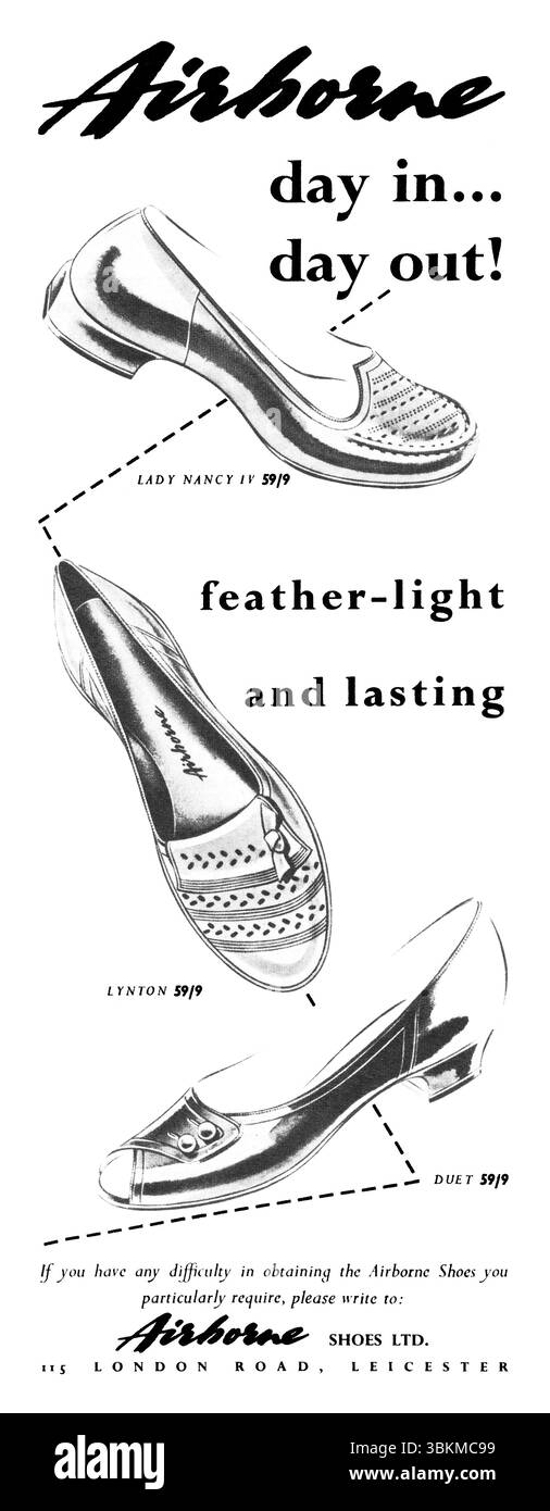 1955 pubblicità britannica di moda per le scarpe da donna Airborne. Foto Stock