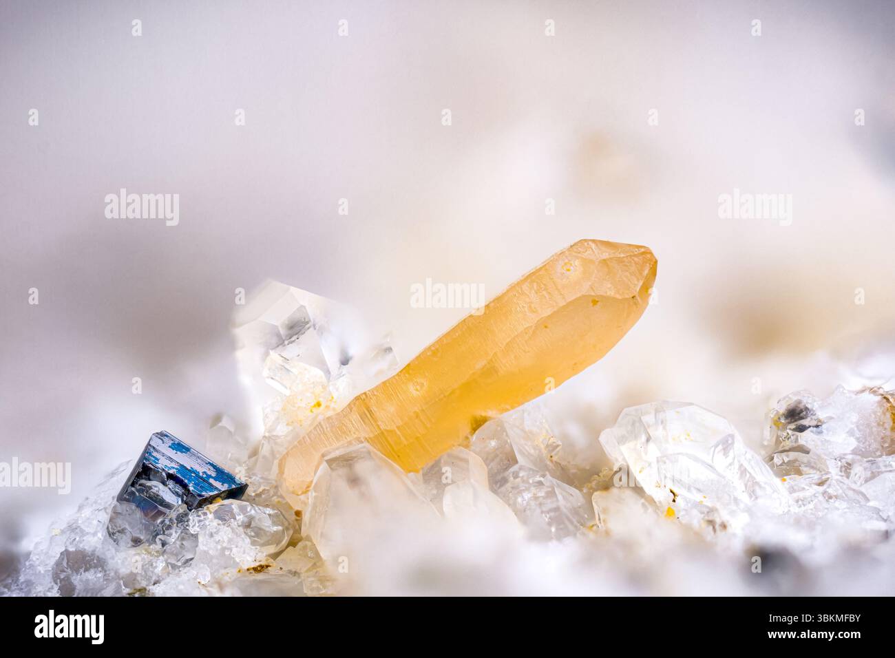 Yellow Synchysite-(CE) (un minerale di terre rare contenente Cerium) con anasi nera su quarzo. Esemplare di Les Crevasses, Jarrier, Alpes, Francia Foto Stock