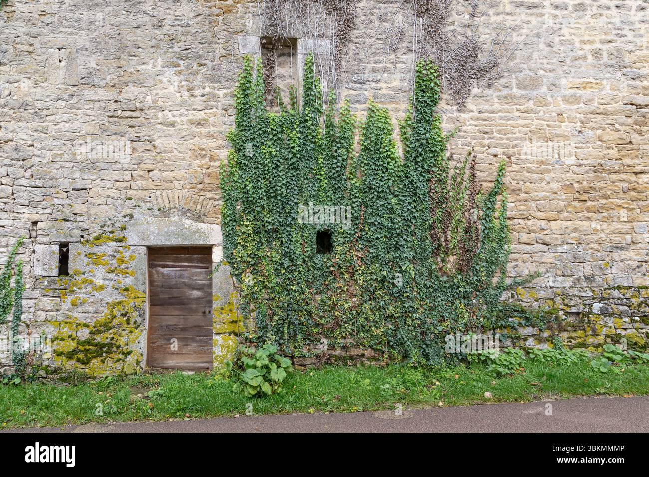 CHATEAUNEUF, FRANCIA - 29 OTTOBRE 2023: Questo è un frammento di un antico muro di pietra di una delle case con una porta sulla strada del villaggio. Foto Stock