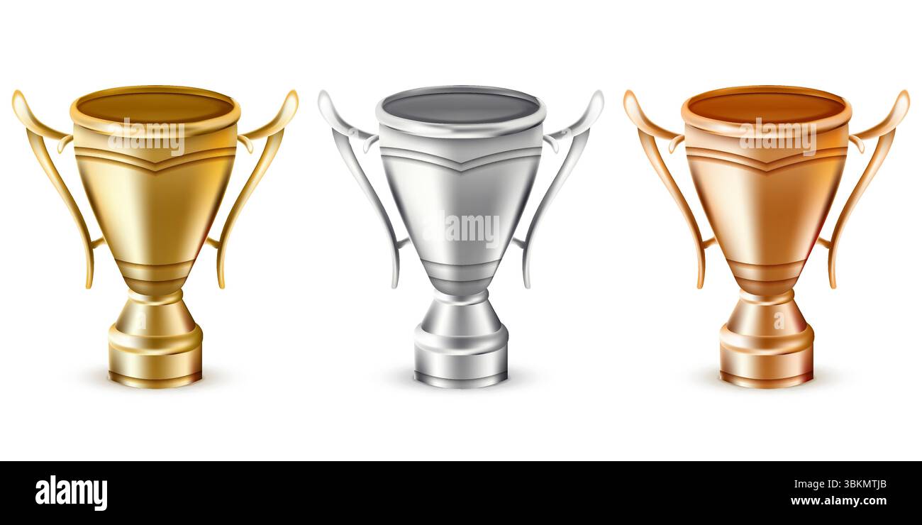Set di coppe per trofei in oro, argento e bronzo. Illustrazione del premio Vector 3d Realistic. Icone dei trofei dei campioni. Elementi di design premiano il campionato Illustrazione Vettoriale