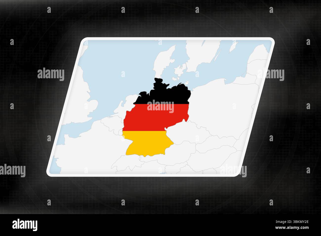 Germania evidenziata in colori bandiera sulla mappa geografica. Mappa moderna su uno sfondo scuro astratto. Illustrazione Vettoriale