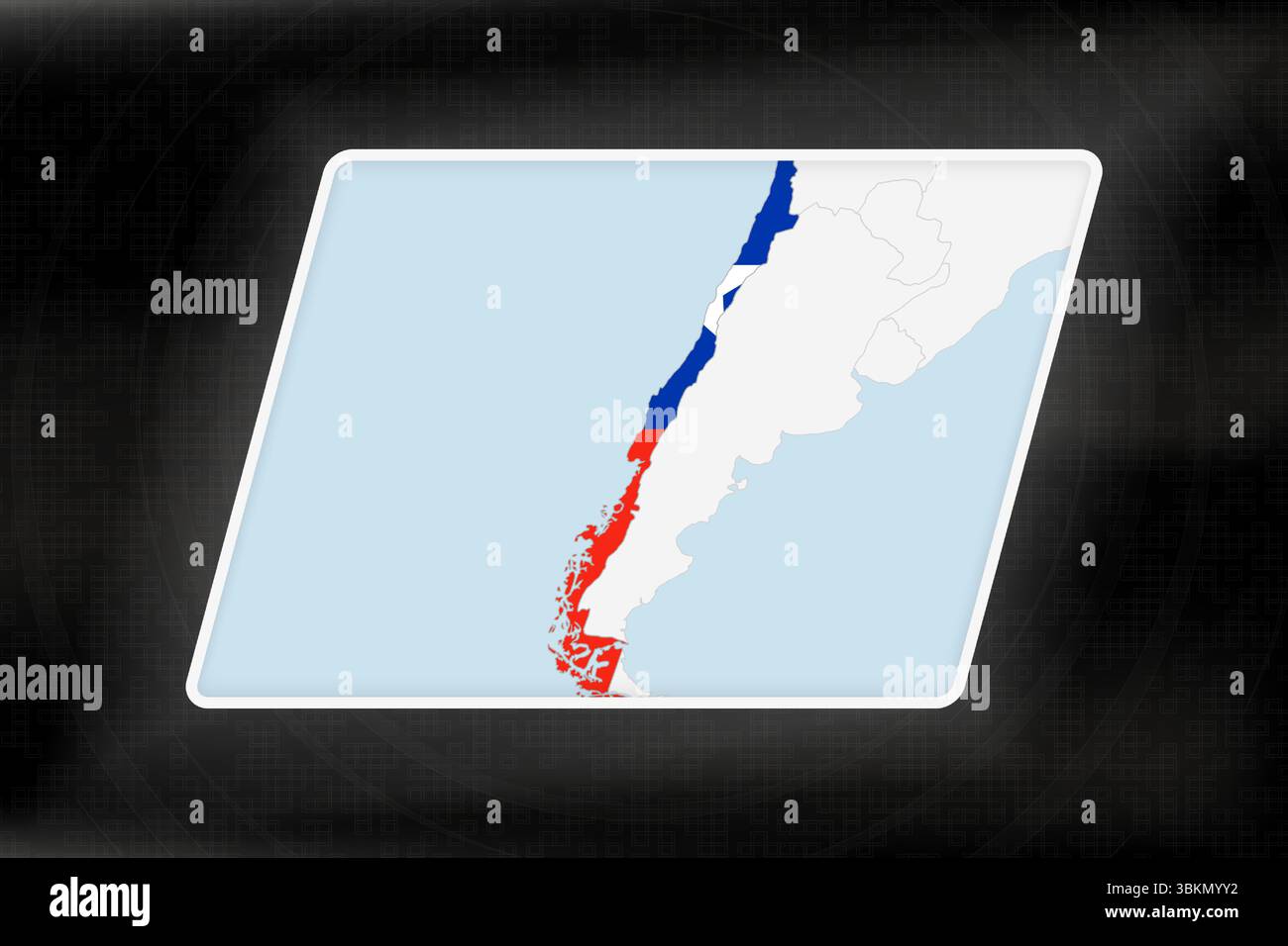 Cile evidenziato in colori bandiera sulla mappa geografica. Mappa moderna su uno sfondo scuro astratto. Illustrazione Vettoriale