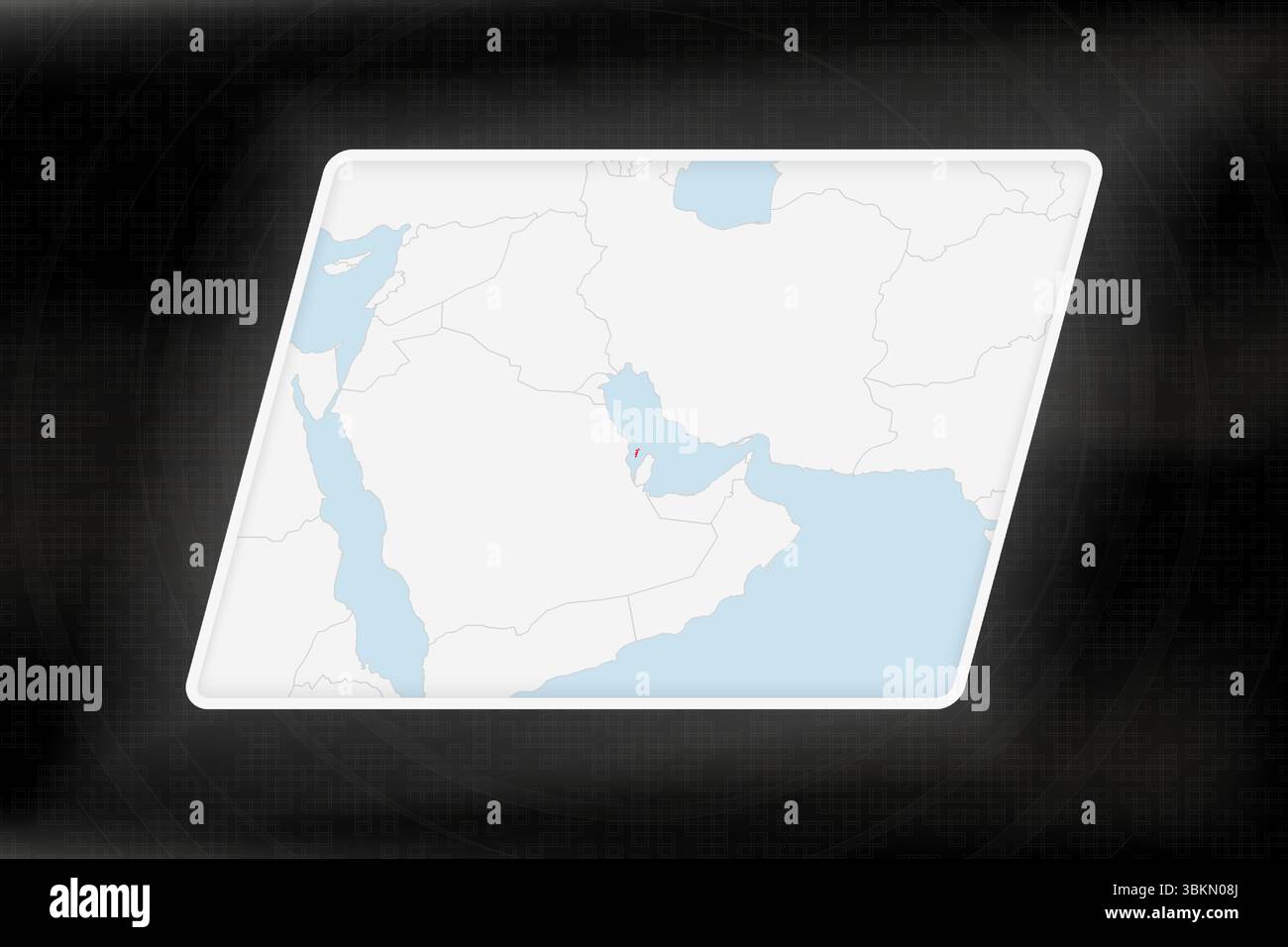 Bahrein evidenziato in colori bandiera sulla mappa geografica. Mappa moderna su uno sfondo scuro astratto. Illustrazione Vettoriale