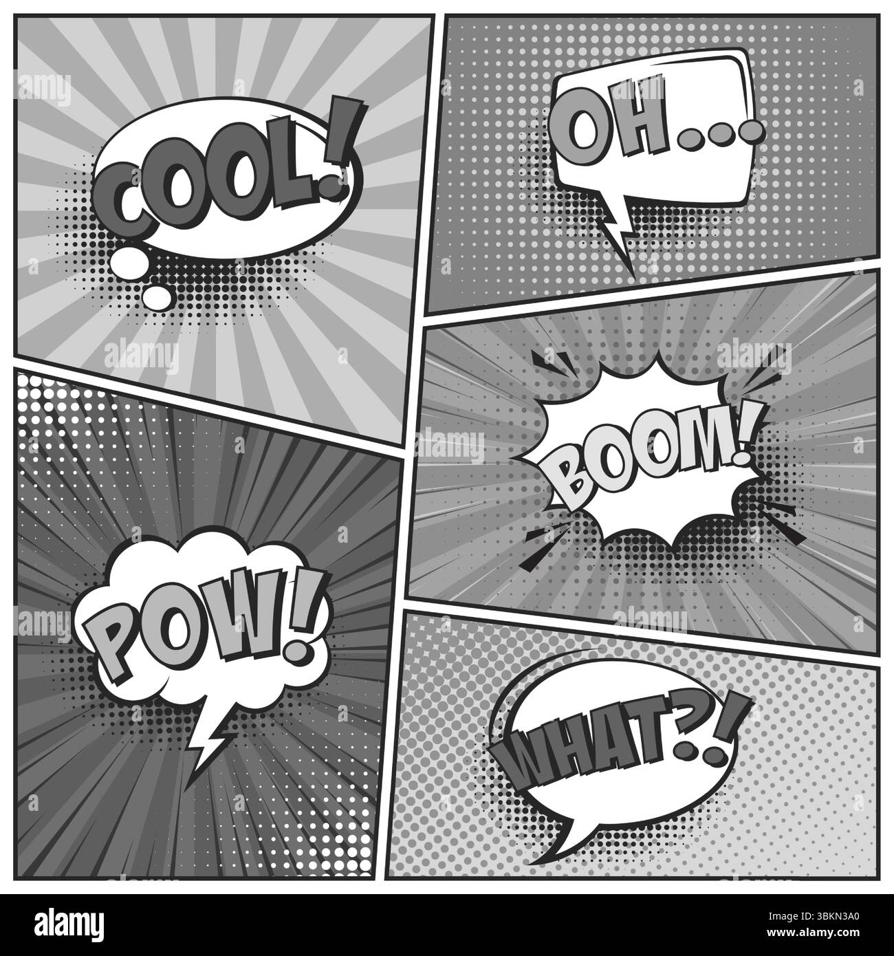 Sfondo fumettistico dei cartoni animati. Bolla del discorso. Poster in bianco e nero del libro di fumetti con elementi mezzitoni e linee radiali. Stile Pop Art retrò. Vettore Illustrazione Vettoriale