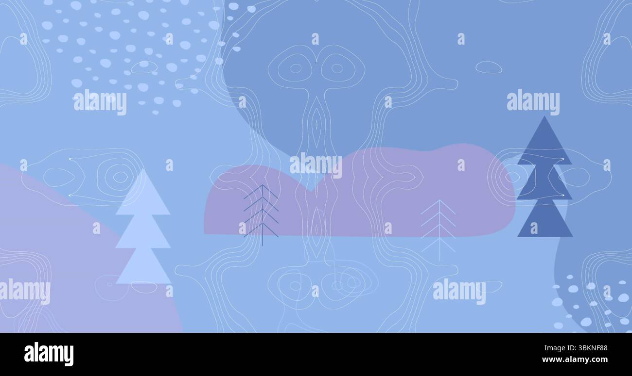 Caratterizzato da pini pallidi e scuri su un campo azzurro, con contorni bianchi e forme di lavanda Foto Stock