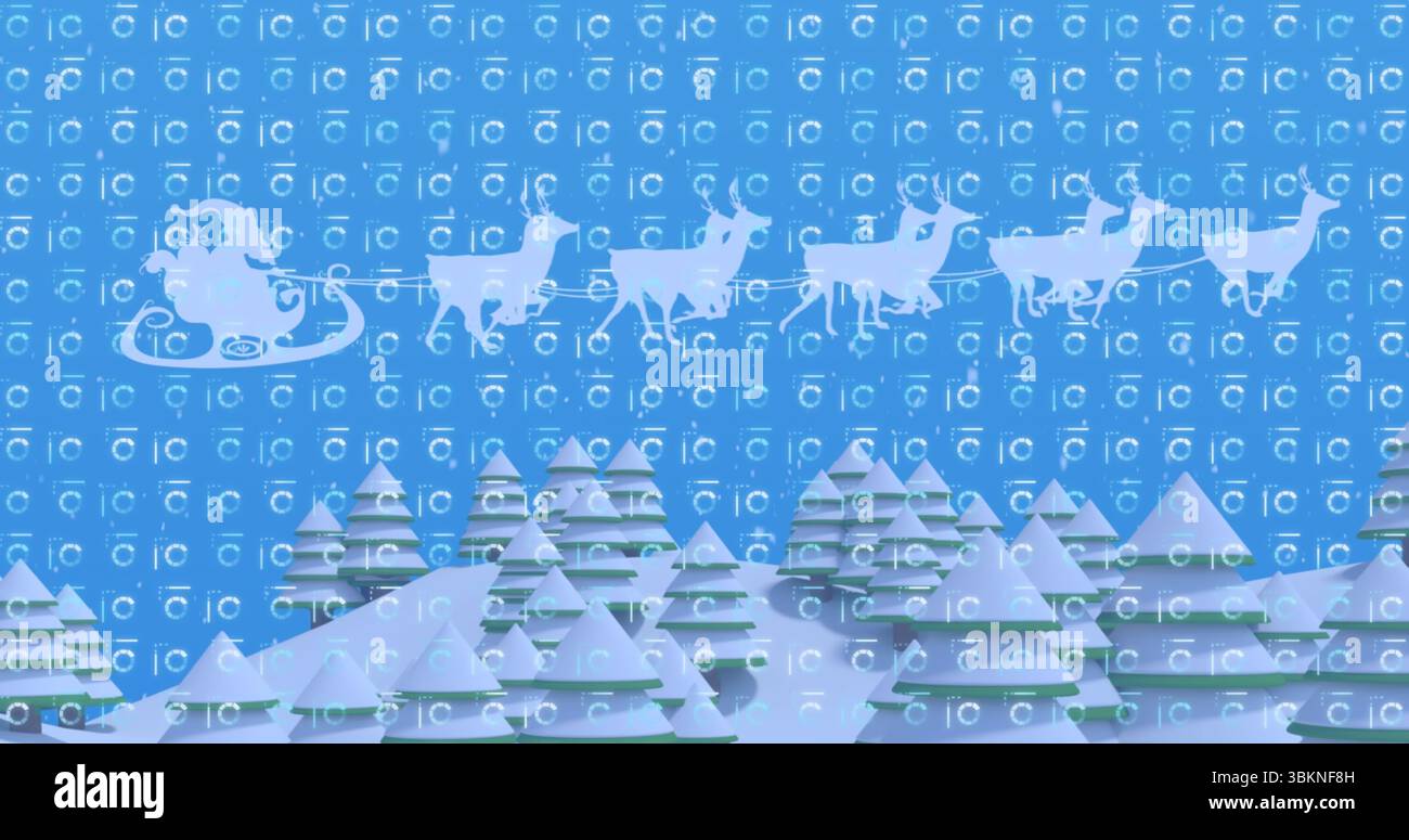 Slitta volante Santa silhouette trainata da sei renne su una foresta innevata, tema invernale Foto Stock