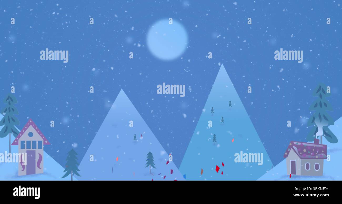 Vette blu torreggianti che si innalzano in una valle innevata, con due case, sempreverdi, neve che cade, luna piena Foto Stock