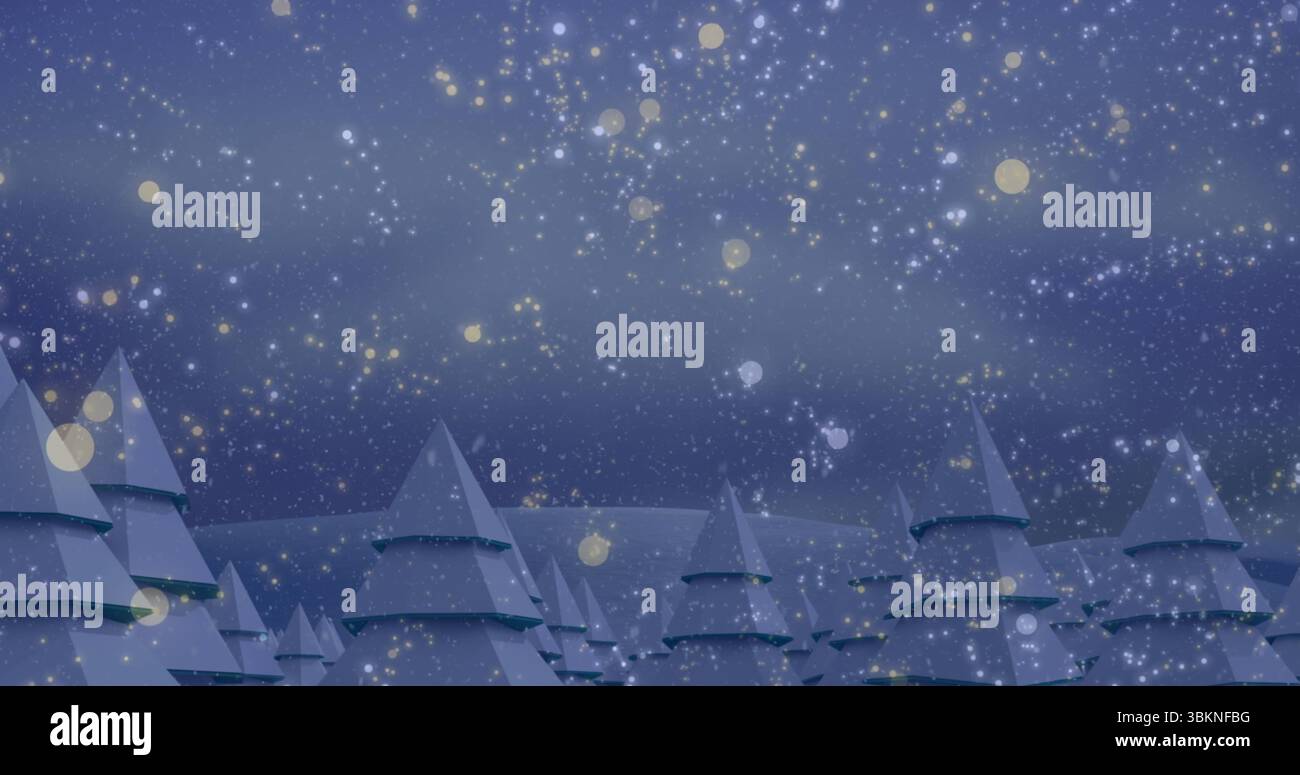 Alberi sempreverdi a forma di cono che si estendono su colline ondulate di notte, alla deriva di fiocchi di neve Foto Stock