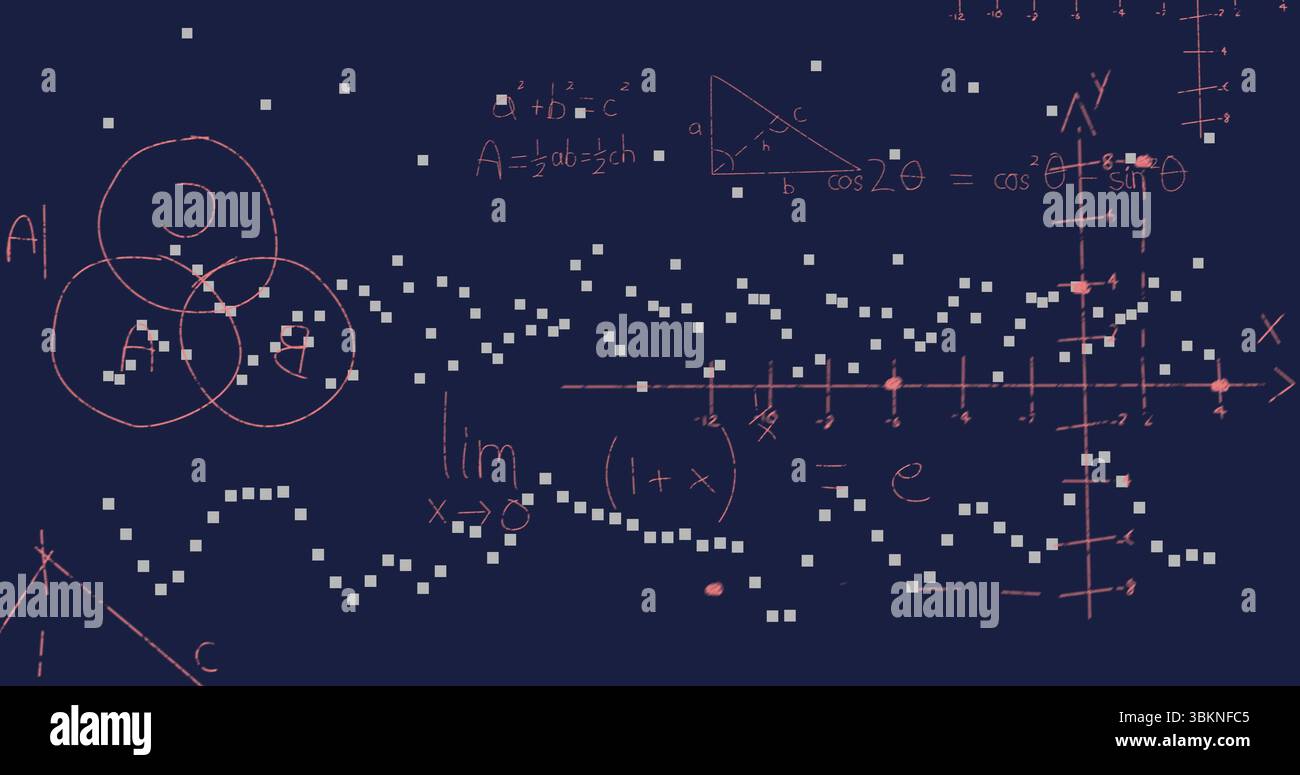 Illustrazione astratta della lavagna su campo blu scuro, con diagramma di Venn, triangolo e assi Foto Stock