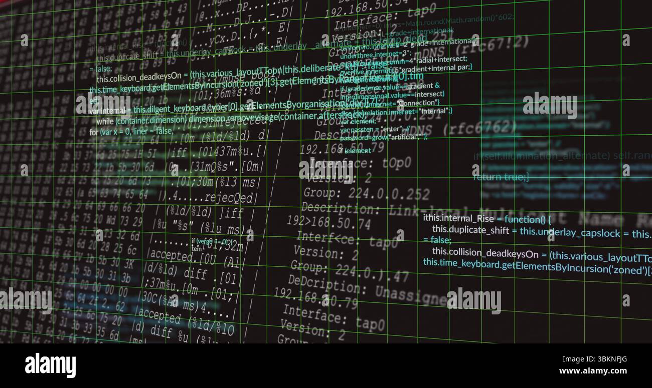 Visualizzazione della programmazione centrata e del blocco del codice dell'interfaccia di rete sullo schermo, con sovrapposizione della griglia verde Foto Stock