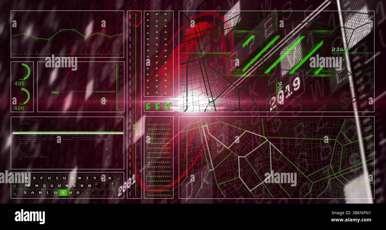 Visualizzazione della sovrapposizione HUD sulla console, visualizzazione del grafico a linee, degli indicatori e della griglia della tastiera con mappa a reticolo Foto Stock