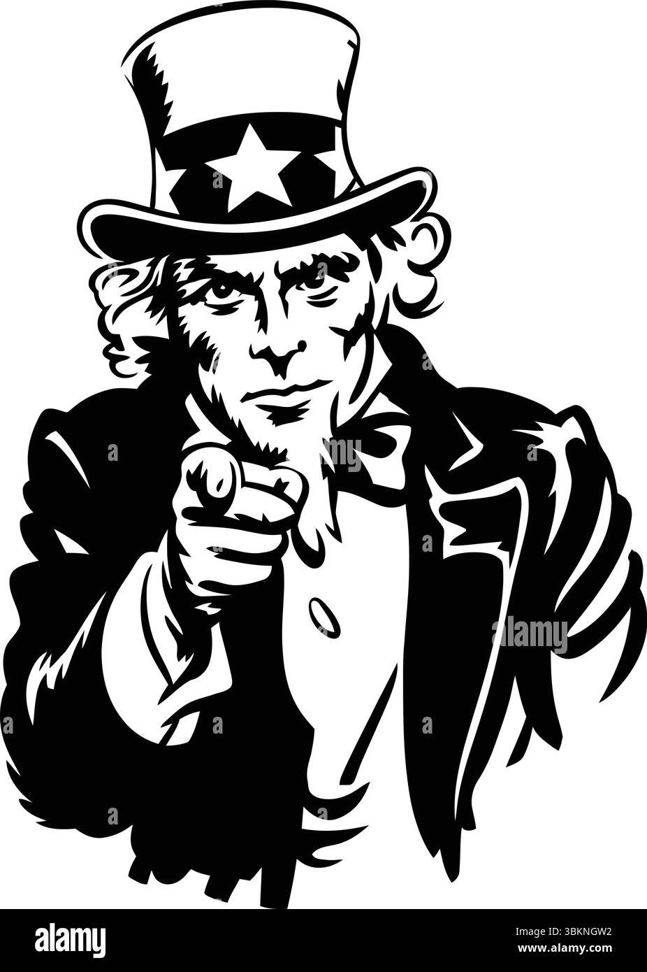 Illustrazione vettoriale dello zio Sam che punta in avanti in stile vintage retrò - opera d'arte americana simbolo del reclutamento patriottico Illustrazione Vettoriale