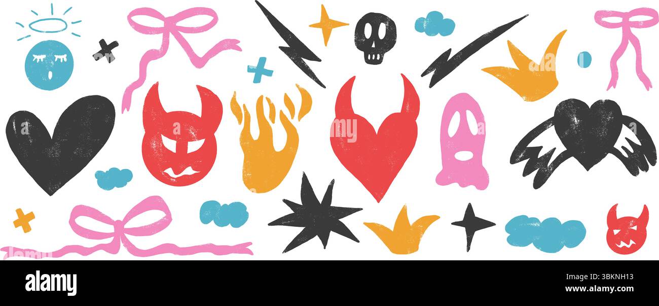 Set di bizzarri scarabocchi in gesso. Sfondo pastello di cera per diavolo e angeli. Gli scarabocchi amano gli elementi grunge. Cuori, archi, nuvole e forme di schizzo. Ingenuo vettore Illustrazione Vettoriale