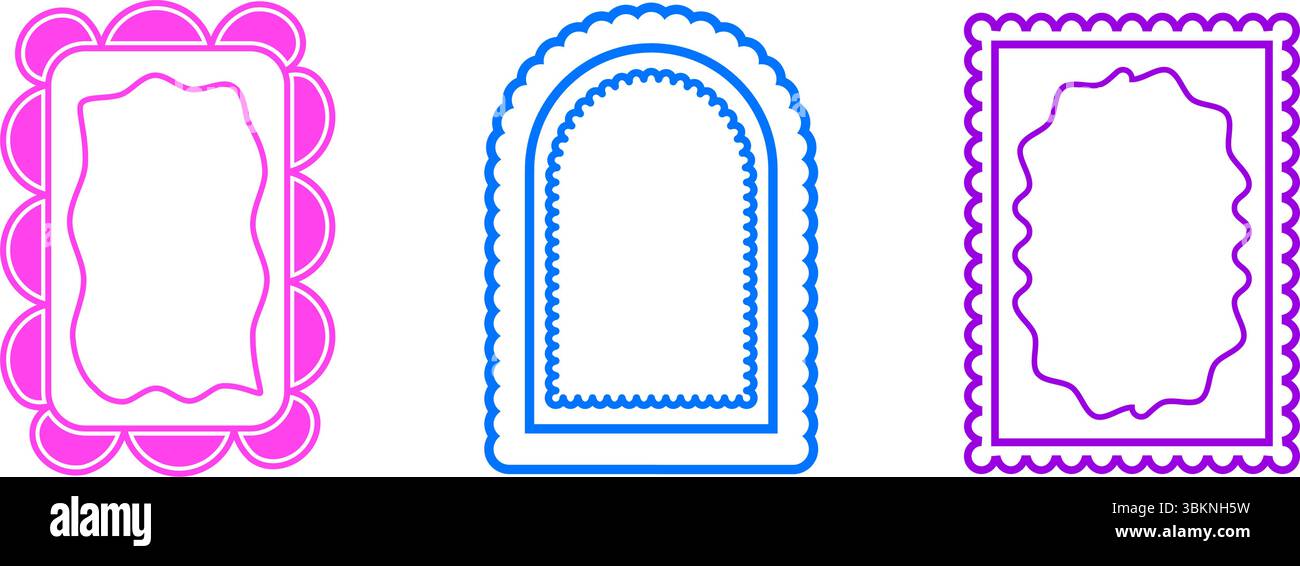 Arco funky retrò e cornici geometriche. Set di divertenti colori neon bordi con bordi scaloppati. Caselle di testo e modelli di didascalia per l'invito. Illu vettoriale Illustrazione Vettoriale
