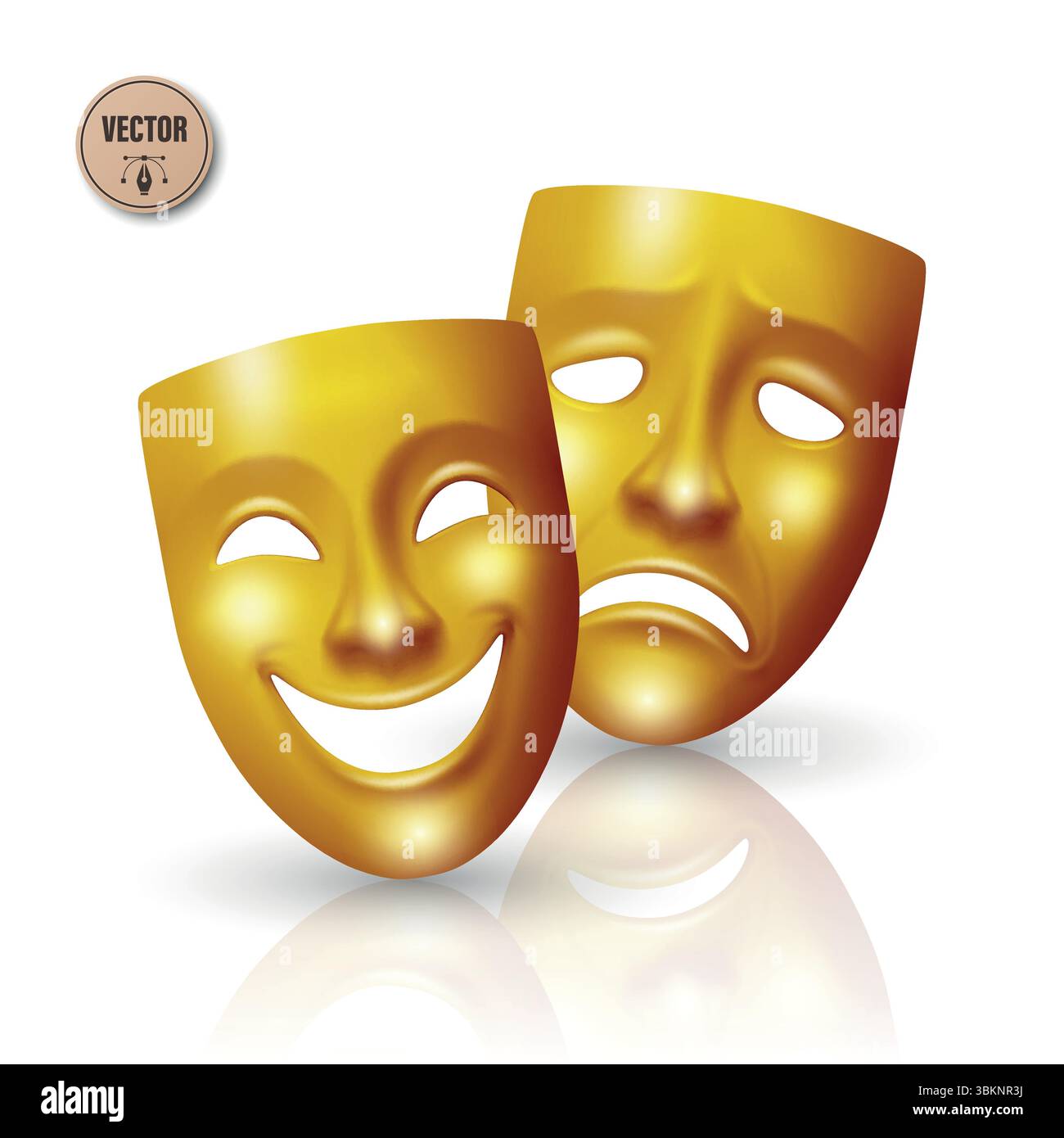 Set di maschere per teatro realistiche vettoriali. Maschere comiche e tragiche. Classica maschera gialla per il teatro per il design del palcoscenico, il dramma greco, la recitazione, le arti dello spettacolo Illustrazione Vettoriale