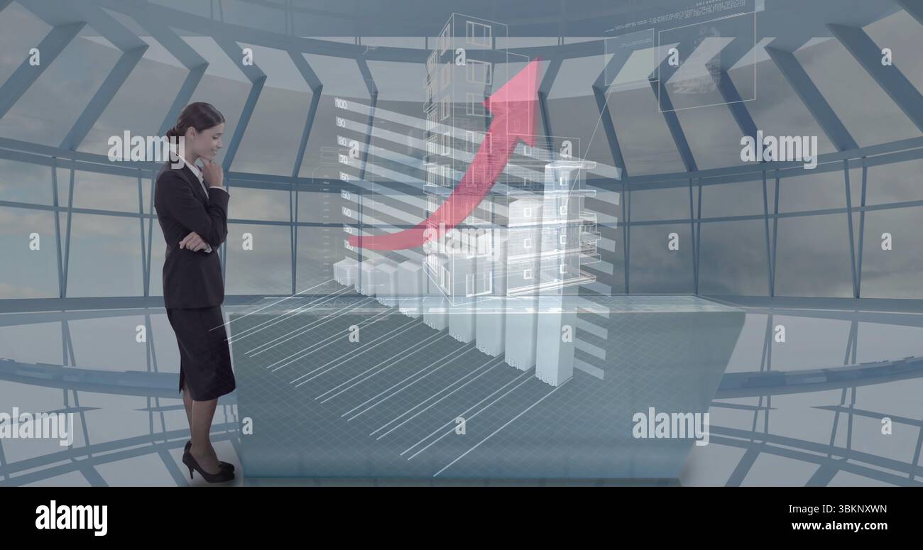Dirigente aziendale in piedi nella piattaforma di controllo, con grafico a barre 3D e piattaforma traslucida, spazio di copia Foto Stock