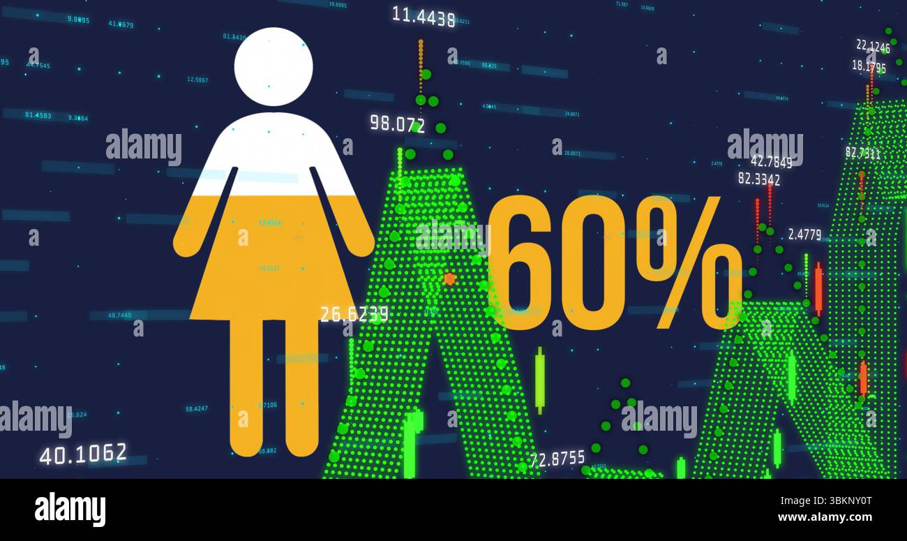 Mostra l'icona della silhouette femminile su un display blu scuro che mostra picchi dorati al 60% e verdi, spazio di copia Foto Stock