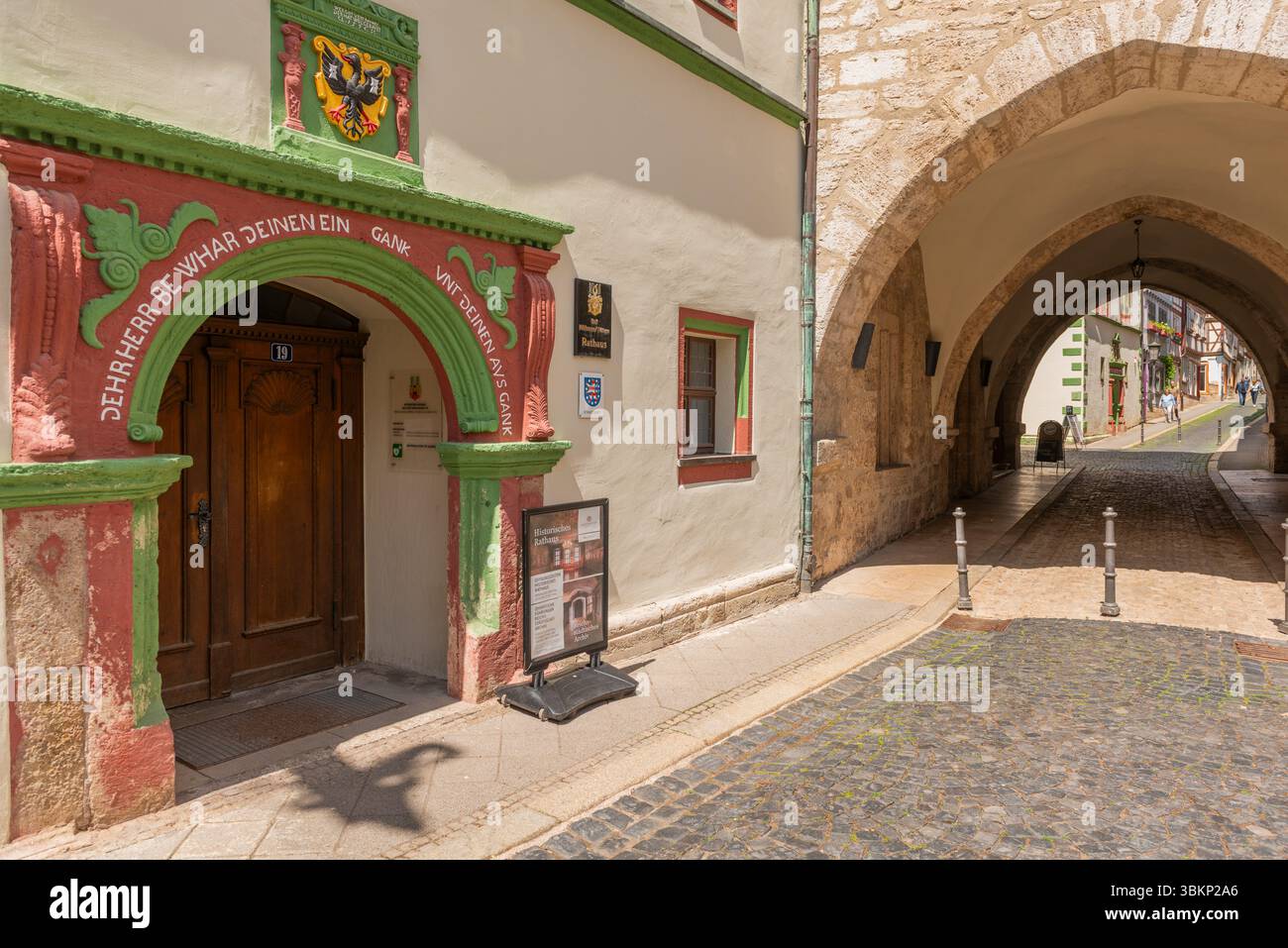Ingresso del municipio, città storica di Mühlhausen, ex città imperiale, città di Thomas Münzer, Martin Lutero e J.Sebastian Bach, Turingia, Germania Foto Stock