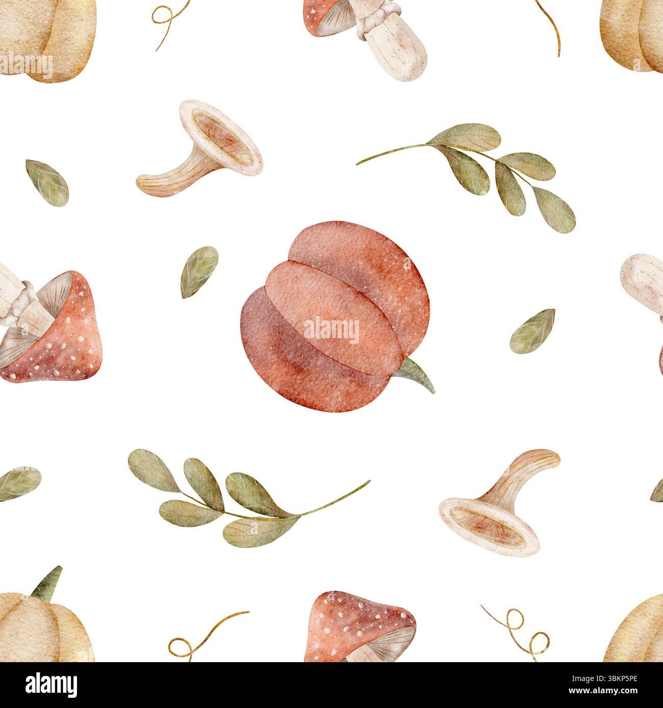 Motivo di zucche acquerelli, funghi, rami e foglie. Illustrazione del raccolto autunnale disegnata a mano. Stampa senza interruzioni su sfondo isolato per Foto Stock