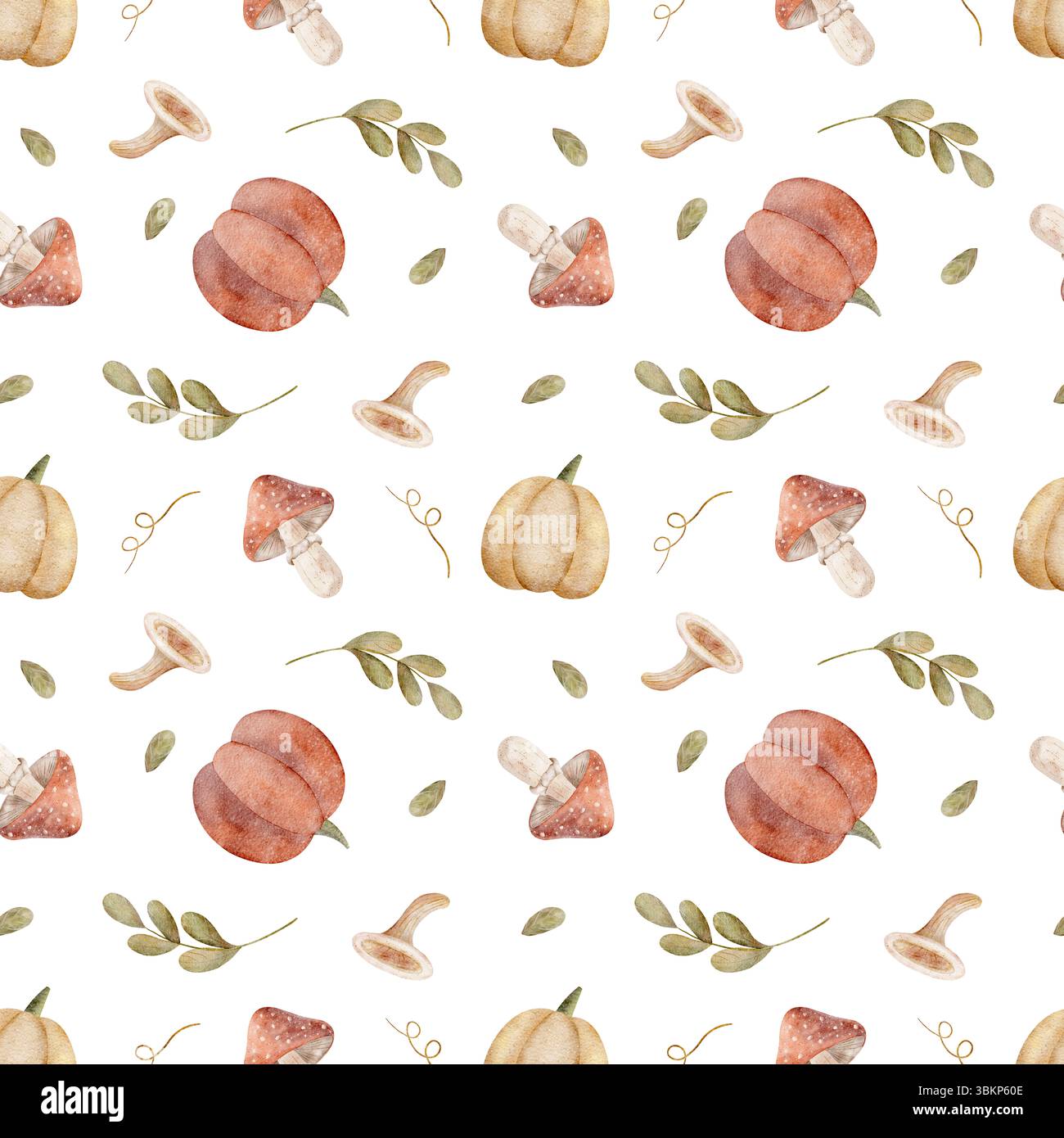 Motivo di zucche acquerelli, funghi, rami e foglie. Illustrazione del raccolto autunnale disegnata a mano. Stampa senza interruzioni su sfondo isolato per Foto Stock