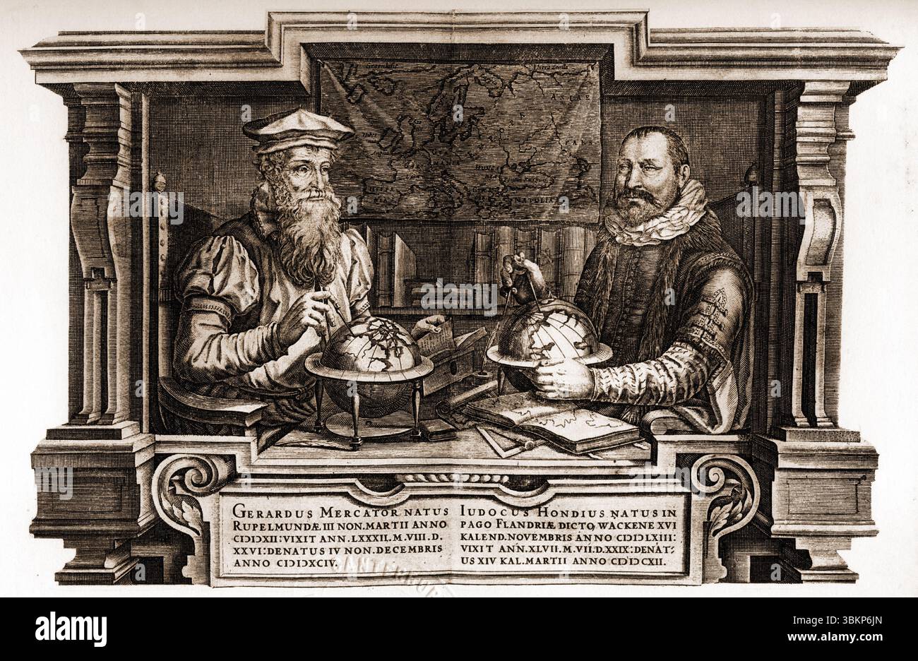 Gerardus Mercator e Iudocus Hondius che mappano il mondo, dai libri di Richard Hakluyt sui viaggi principali trafficanti e scoperte della Nazione inglese, 1604 Foto Stock
