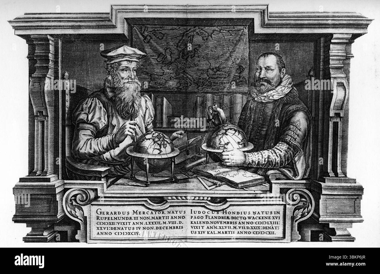 Gerardus Mercator e Iudocus Hondius che mappano il mondo, dai libri di Richard Hakluyt sui viaggi principali trafficanti e scoperte della Nazione inglese, 1604 Foto Stock