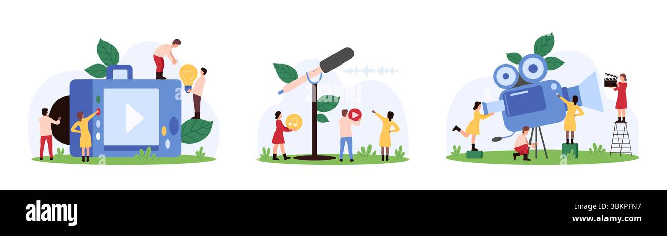 Audio e video online, registrazione di podcast, streaming live e set di produzione di film. Le persone più piccole registrano l'audio con il microfono, utilizzano una fotocamera professionale per realizzare illustrazioni vettoriali dei cartoni animati Illustrazione Vettoriale