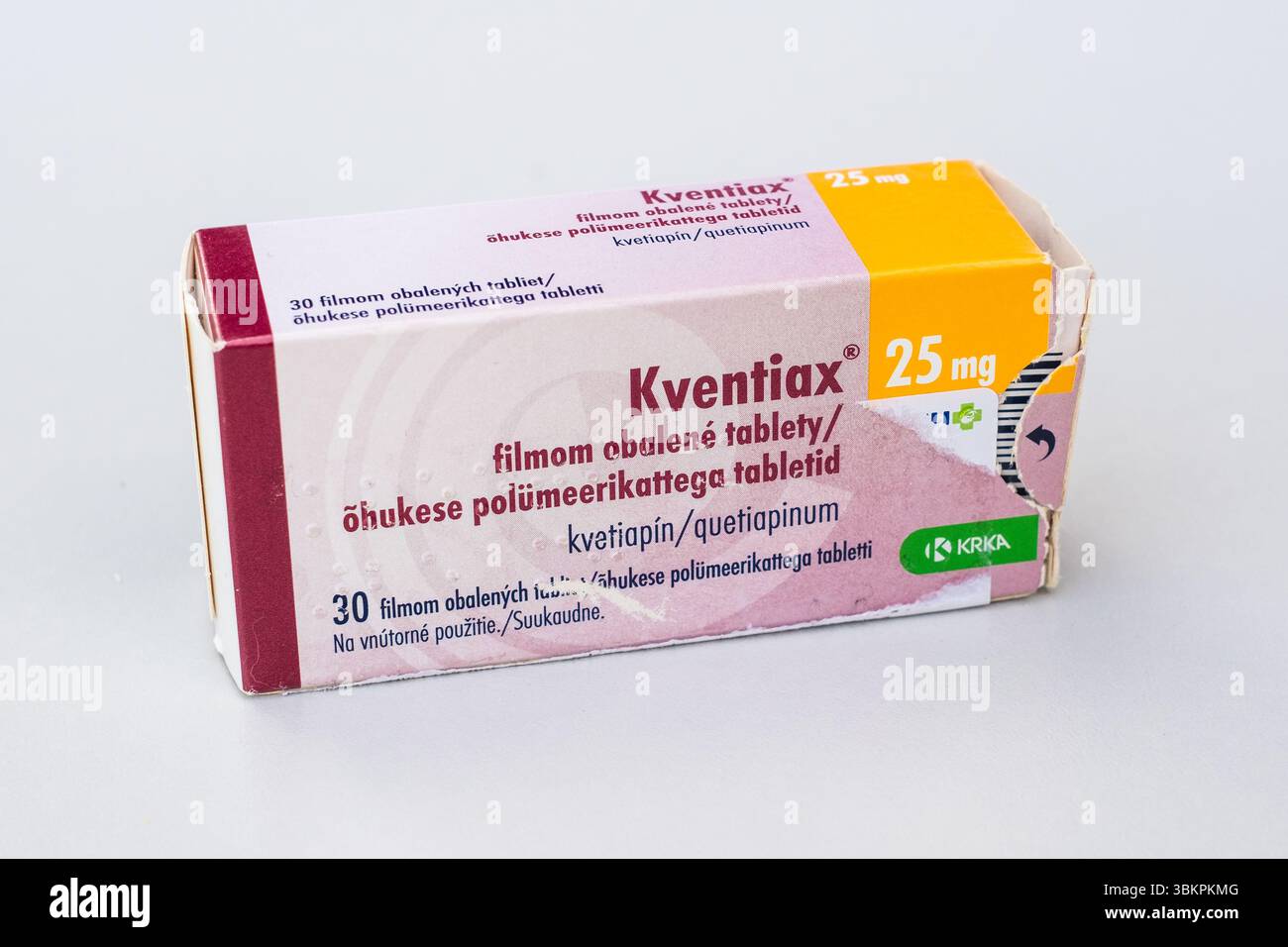 Tallinn, Estonia - 22 giugno 2025: Le compresse di Kventiax contengono quetiapina, un antipsicotico per la schizofrenia, disturbo bipolare, disturbo depressivo maggiore Foto Stock