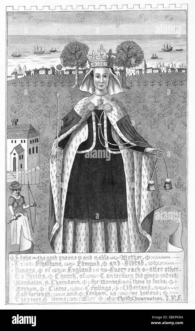 Edyve, la buona regina e nobile madre di Etheltane, Edmund e Eldred, Regni d'Inghilterra nell'XI secolo, dalla History and Topographical Survey of the County of Kent, vol. 1-3, stampa, disegnata e incisa da John Bayly., 1777. Foto Stock