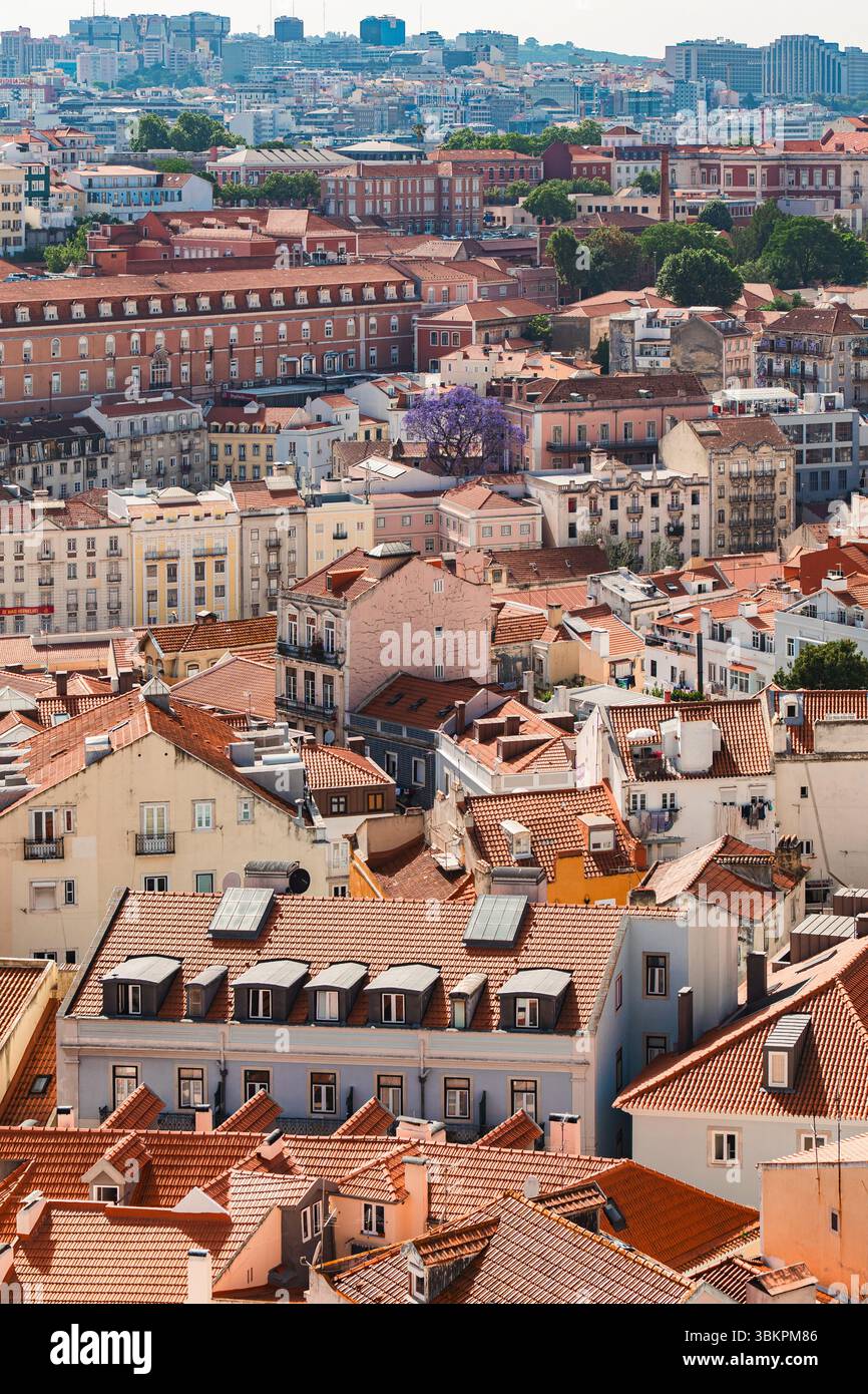 Vivace paesaggio urbano di Lisbona caratterizzato da iconici tetti rossi, edifici storici e skyline urbano. Perfetto per viaggi, architettura e concetti di vita cittadina in Portogallo. Foto Stock