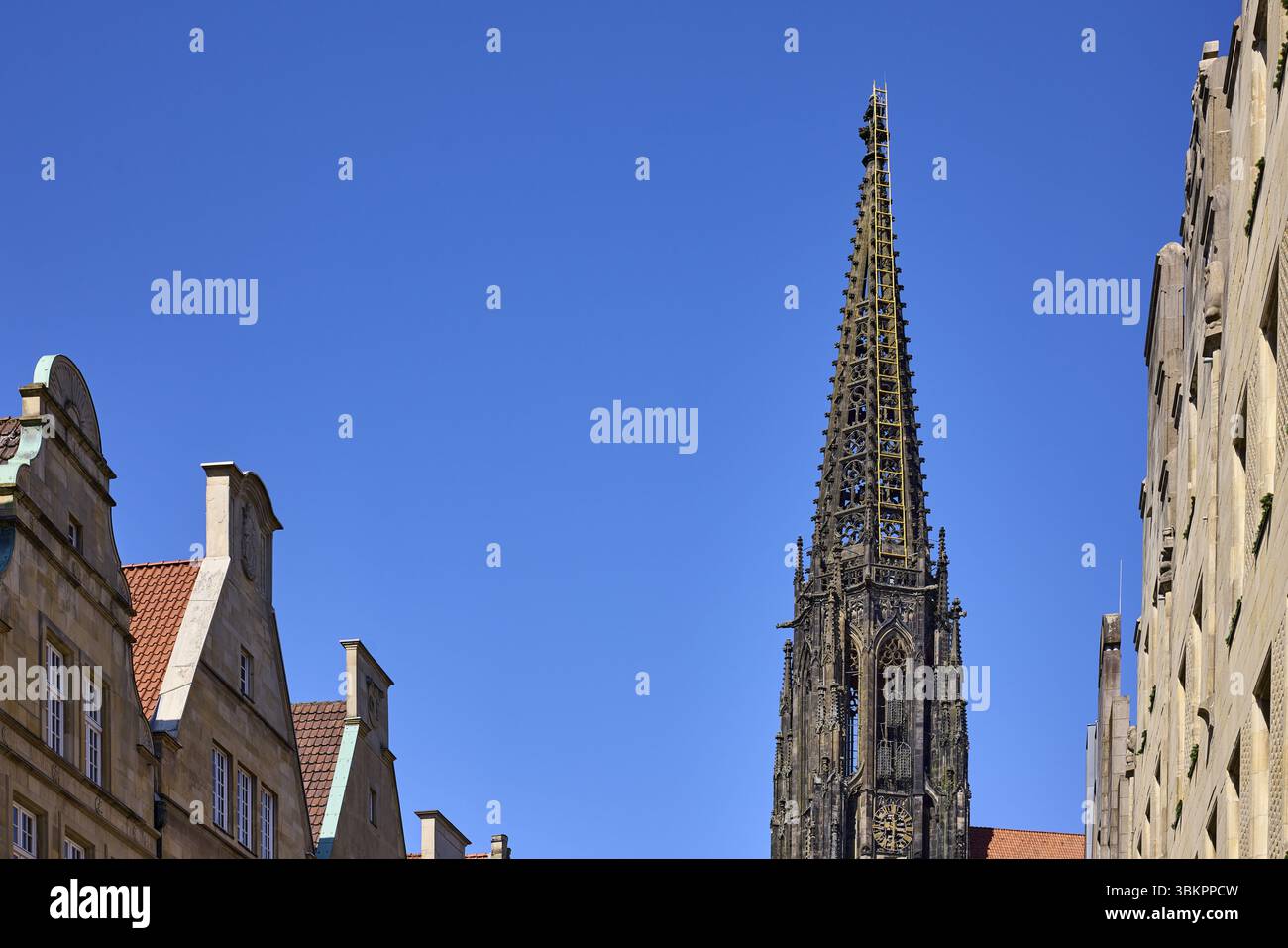 St. Lamberti, chiesa dei Lamberti, torre della chiesa, architettura gotica, installazione, scala verso il cielo, artista Billi Thanner, timpano, cielo blu senza nuvole, PRI Foto Stock