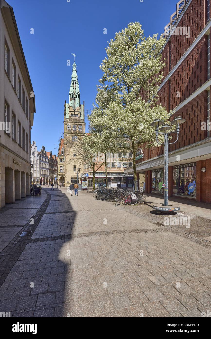 Stadthausturm, stile architettonico neo-rinascimentale, architetto Alfred Hensen, torre, zona pedonale, vendita al dettaglio, lanterne, alberi, cielo azzurro senza nuvole, Ludge Foto Stock