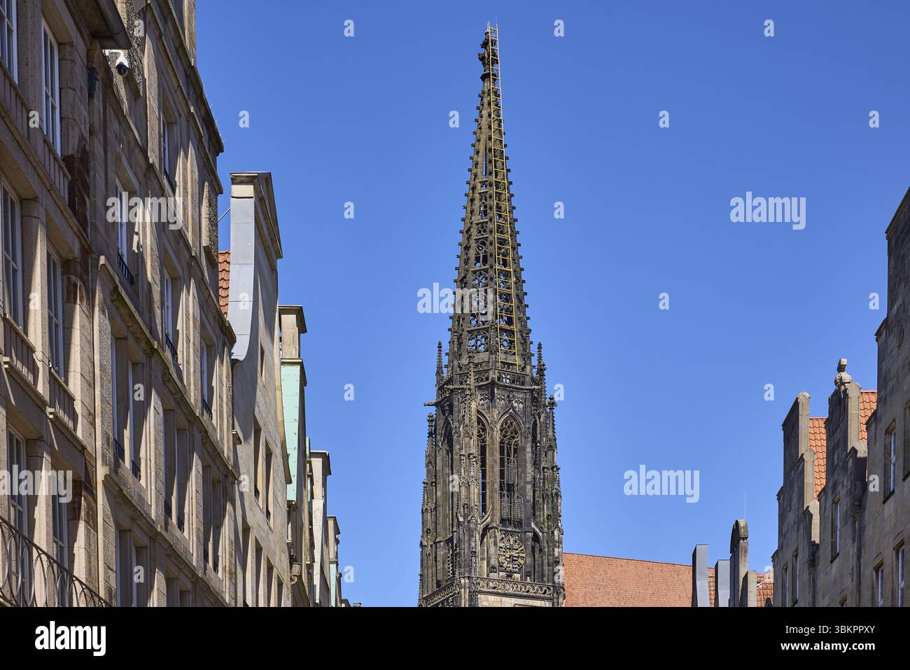 Chiesa dei Lamberti, St. Lamberti, torre della chiesa, installazione, scaletta, artista Billi Thanner, edificio storico, timpano, cielo senza nuvole blu, Muenster, M Foto Stock