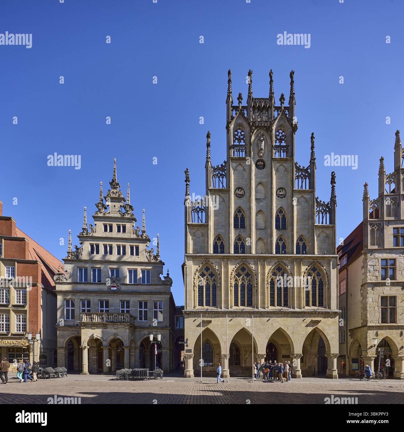 Municipio storico, architettura gotica, città vecchia, edifici storici, Gables, cielo azzurro senza nuvole, Prinzipalmarkt, Muenster, Muensterland, indipendente Foto Stock