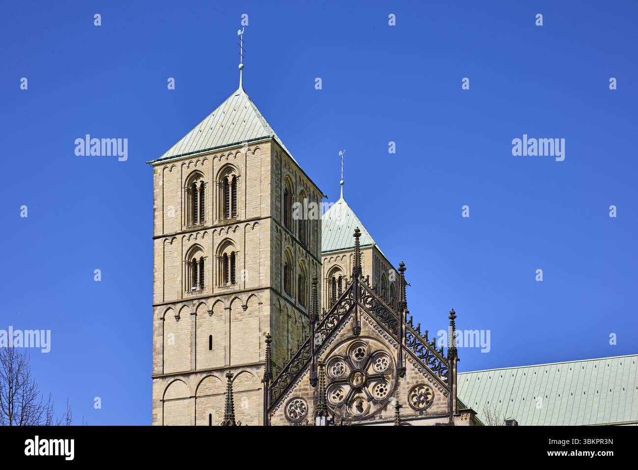 Cattedrale di San Paolo, cattedrale, torre della chiesa, cielo senza nuvole blu, piazza della cattedrale, Muenster, Muensterland, città indipendente, Renania settentrionale-Vestfalia, Foto Stock