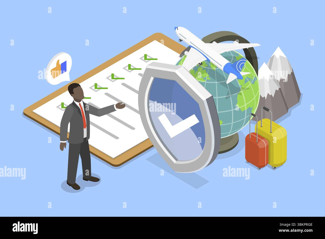 Illustrazione piatta isometrica 3D della polizza assicurativa di viaggio, vacanza sicura e turismo Foto Stock