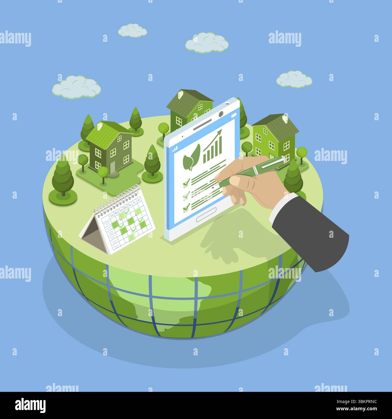 Illustrazione piatta isometrica 3D di sostenibilità ed ESG, ambiente, sociale, Governance Foto Stock