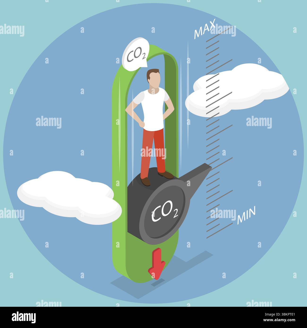 Illustrazione piatta isometrica 3D di emissione zero, indicatore di regolazione uomo per ridurre il livello di CO2 Foto Stock