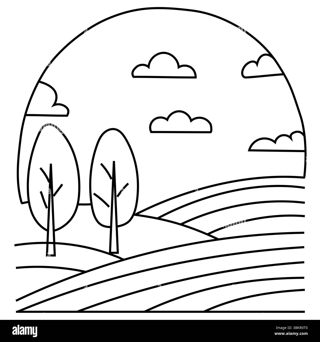 Colline con paesaggio boschivo. Illustrazione di scenari esterni. Alberi della natura Vector. Vista sul parco rurale. Illustrazione Vettoriale