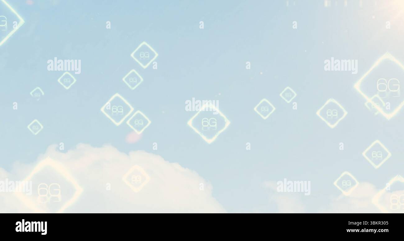 Icone 6G fluttuanti a forma di diamante che si spostano nel cielo ad alta quota, mostrando connettività futuristica Foto Stock