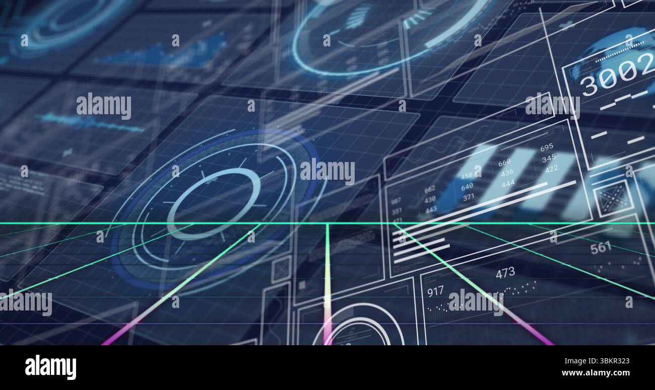Proiezione dell'interfaccia olografica che visualizza i diagrammi HUD nello spazio virtuale della griglia, con vettori al neon Foto Stock