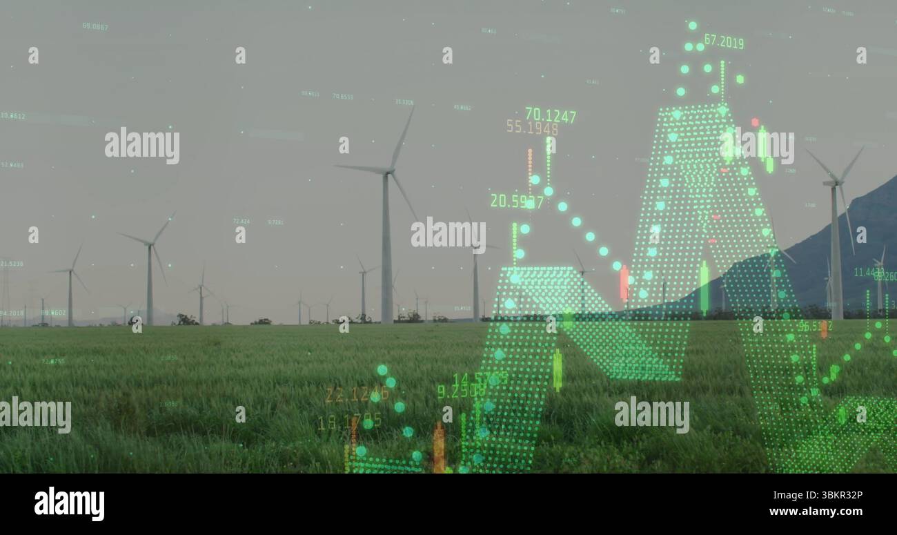 Turbina eolica centrale in prato, con sovrapposizione di dati mobili che mostra grafici numerici Foto Stock